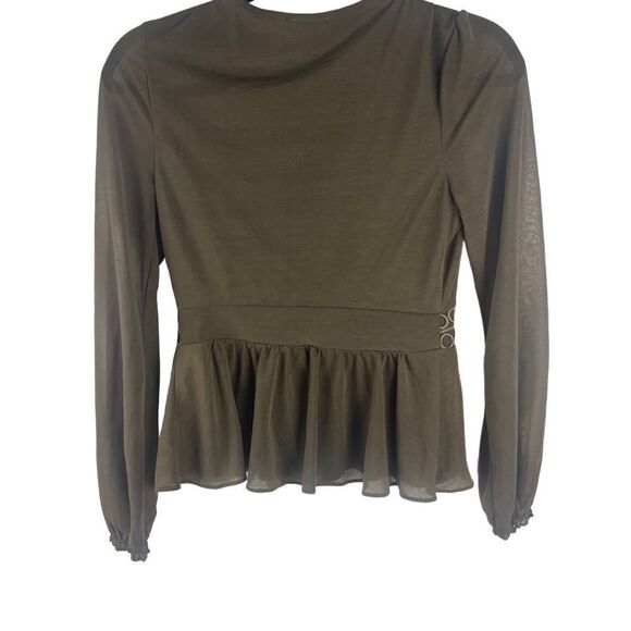 Express Peplum top brown olive green blouse long sheer sleeves v-neck sz XS - Picture 6 of 8